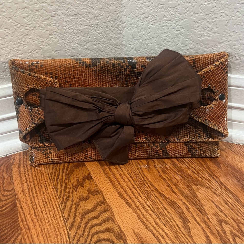 Brown Snakeskin Clutch with Bow